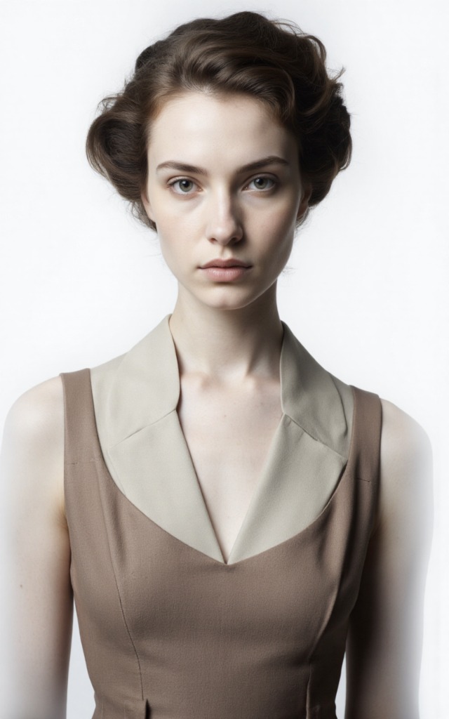 A French female model wearing a dress with a V   neck collar, white background, front   facing bust portrait